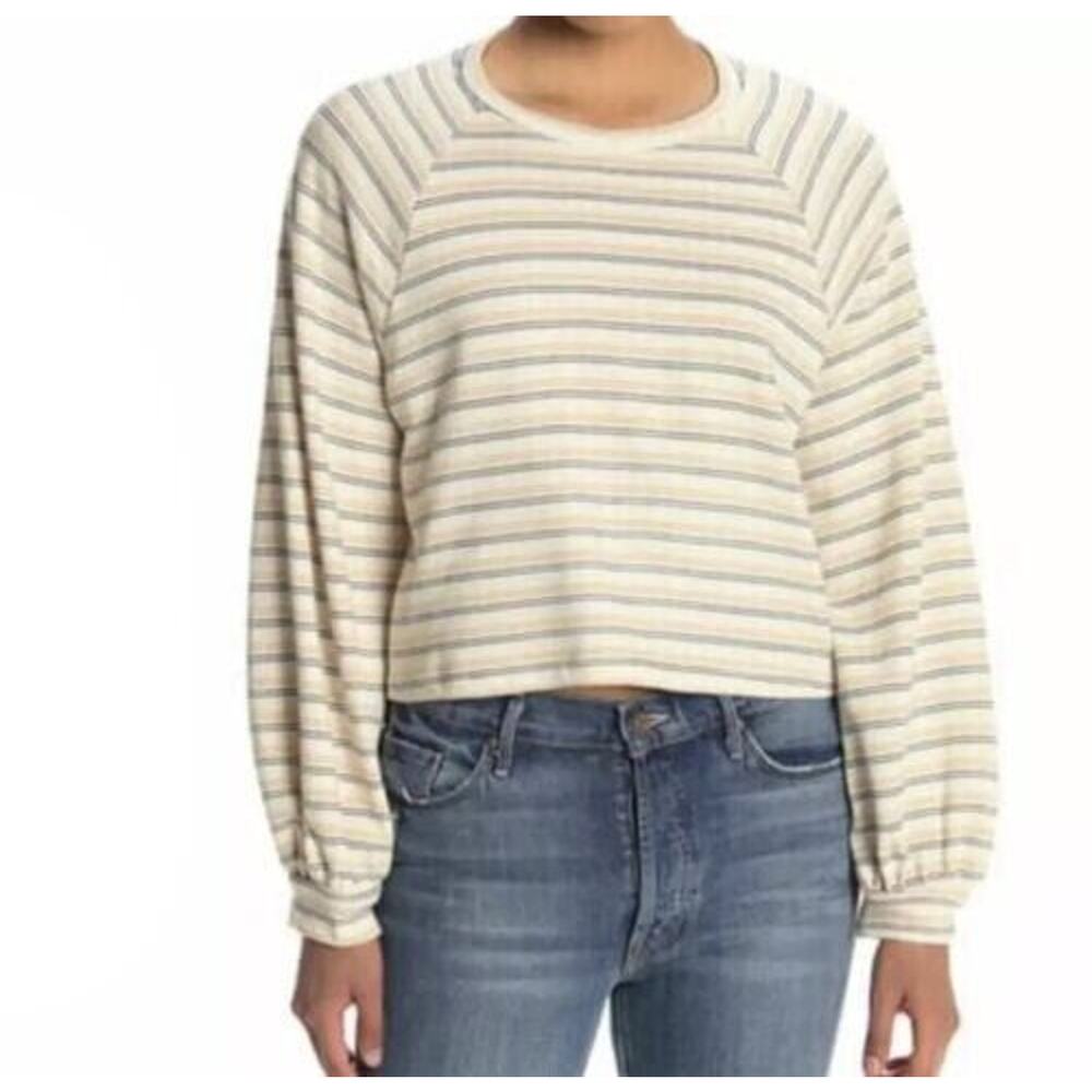 Lush Women's Striped Balloon Sleeve Cropped Sweatshirt In Mustard/Navy Large $42